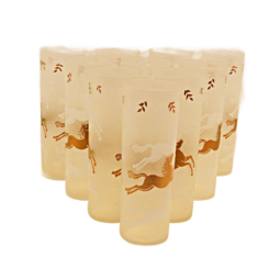 Rare Set of 10 Mid-Century Libbey "Cavalcade" Frosted & Gold Horse Highball Glasses