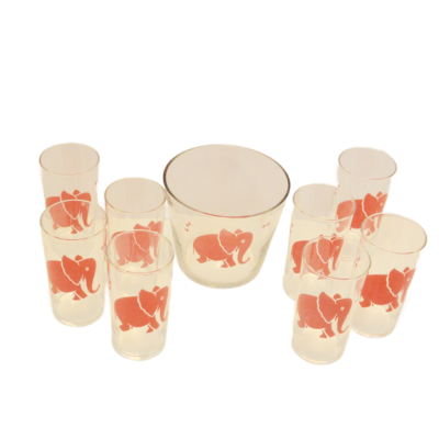 Vintage 1950s Federal Glass "Pink Elephant" 9-Piece Barware Set - Bowl & 8 Glasses