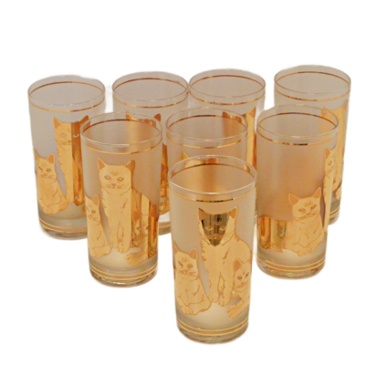 Vintage Culver 22K Gold & Frosted Cat Highball Glasses Set of 8 – Circa 1970s
