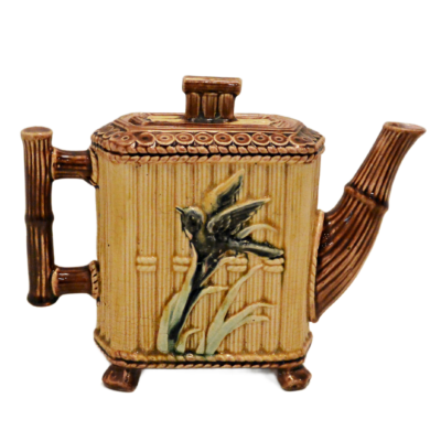Victorian Majolica Faux Bamboo Teapot Songbird Motif Circa 1890