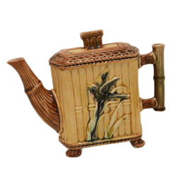 Alternative view of Victorian Majolica Faux Bamboo Teapot Songbird Motif Circa 1890