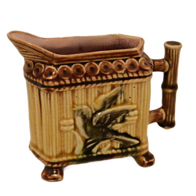 Victorian Majolica Faux Bamboo Creamer Songbird Motif Circa 1890